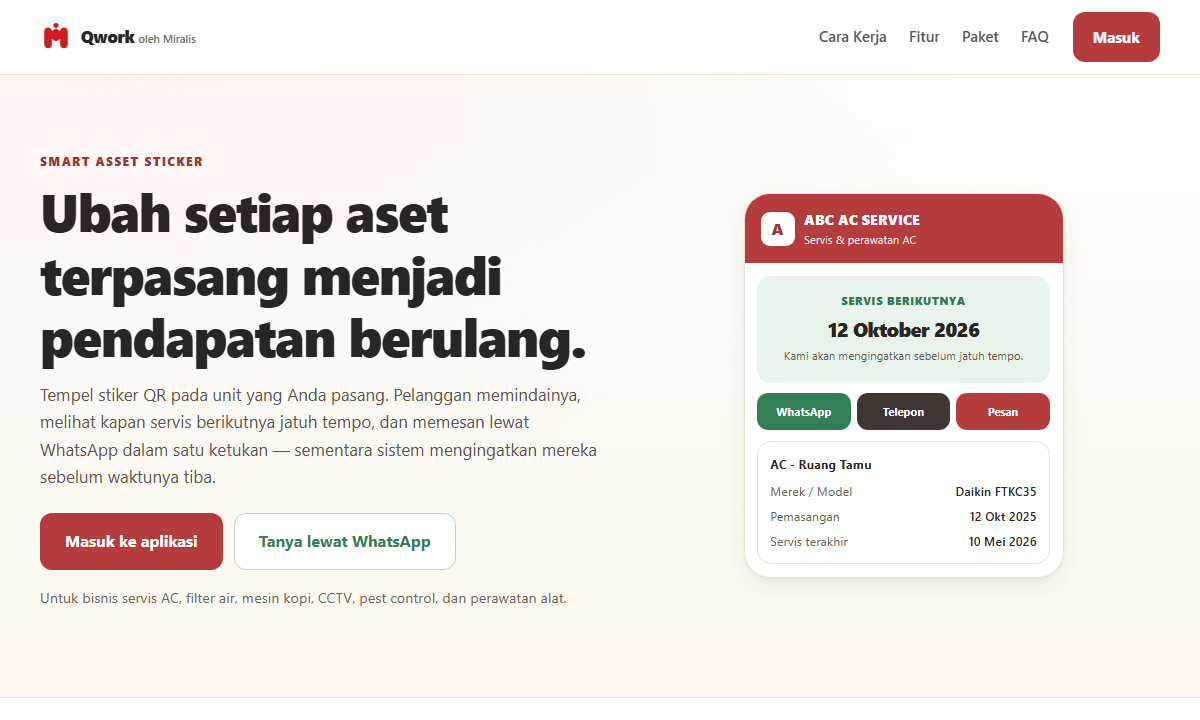 Halaman pelanggan Miralis Qwork yang menampilkan jadwal servis dari stiker QR